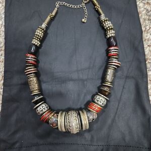 Bohemian Beaded Necklace with Silver and Red Accents
